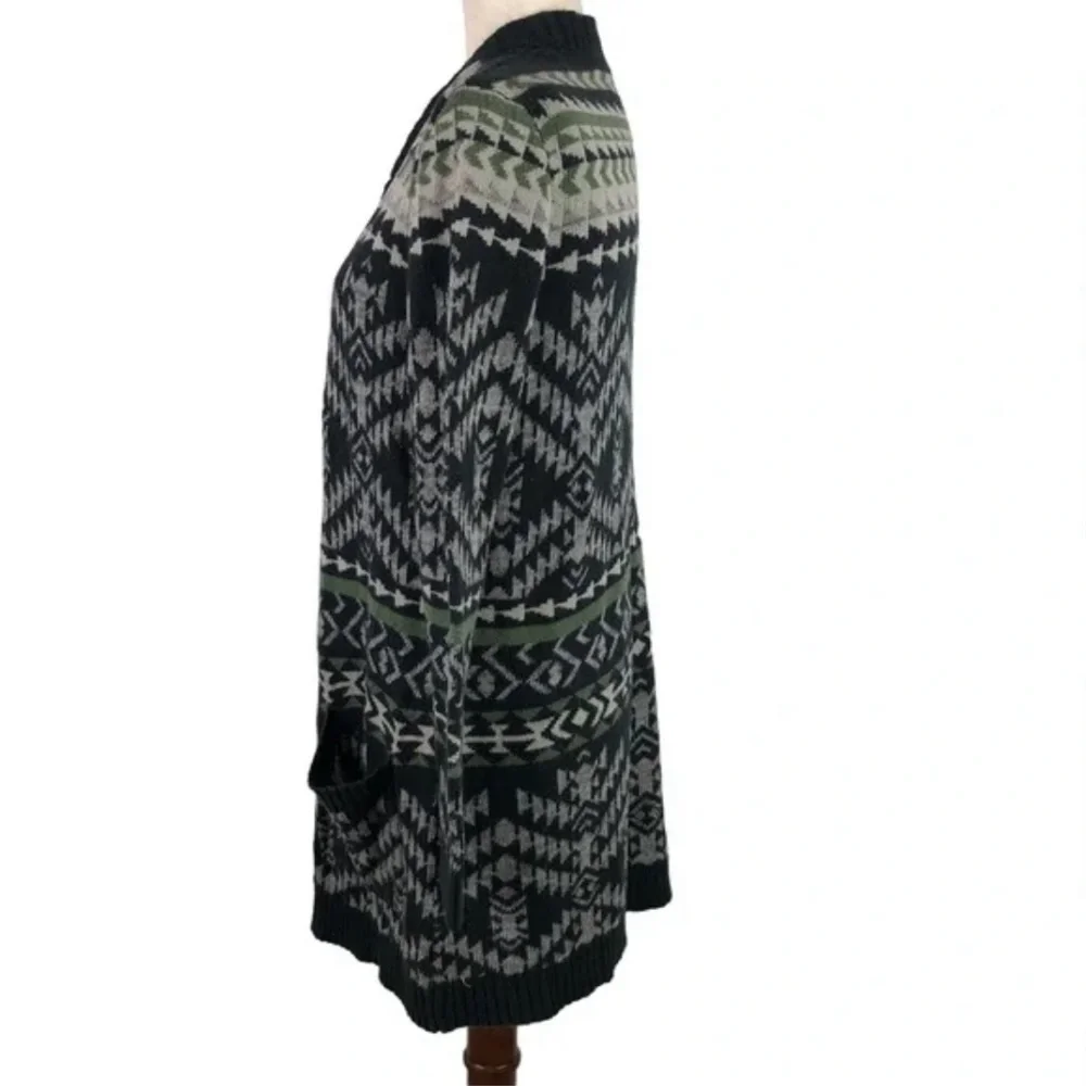Roxy Aztec Tribal Print Long Line Open Front Boyfriend Cardigan - Green Black